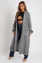 Grey Balloon Sleeve Maxi Knit Cardigan - Imara