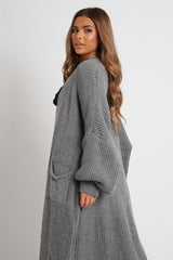 Grey Balloon Sleeve Maxi Knit Cardigan - Imara