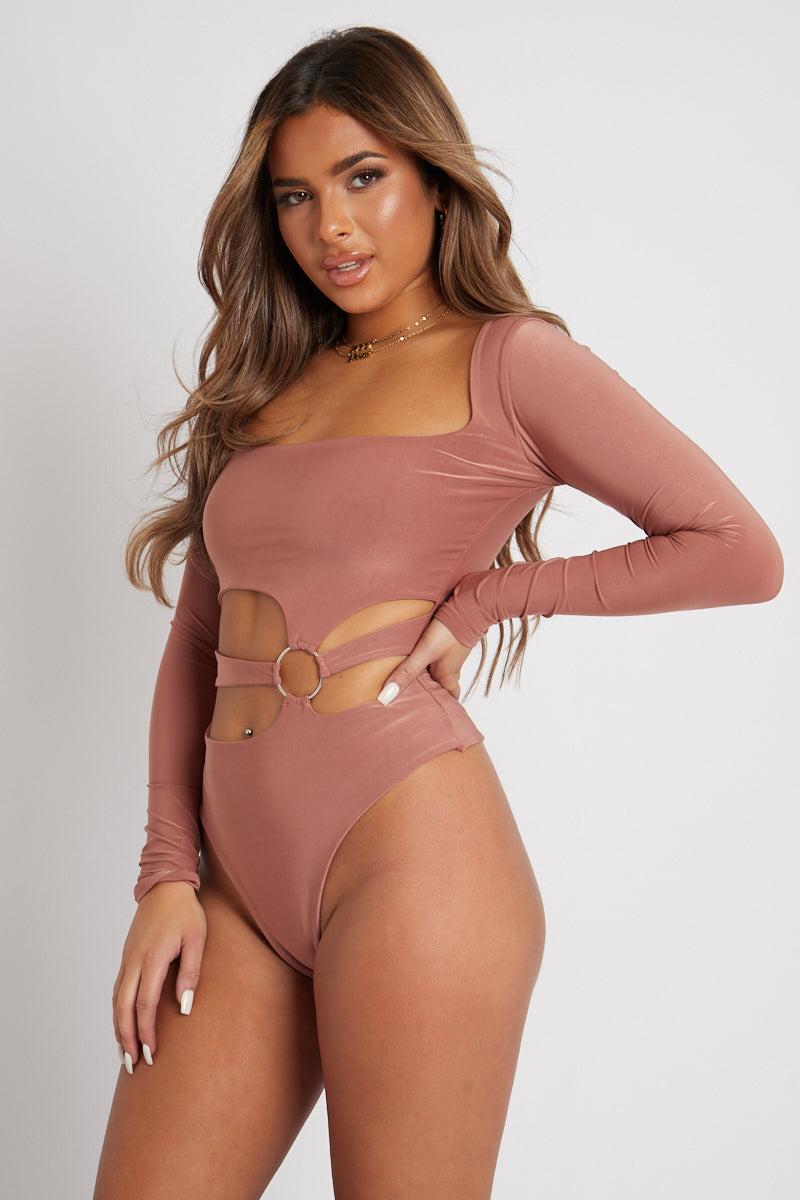 Brown Ring Detail Front Cut Out Bodysuit - Ryelee