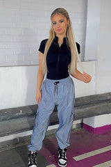 Grey Cuffed Hem Shell Cargo Joggers - Iris