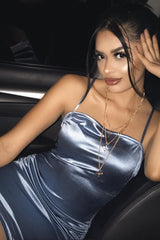 Ice Blue Satin Ruched Bodycon Dress - Aara-Dresses