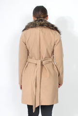 Idella Camel Faux Fur Tie Jacket-Jackets