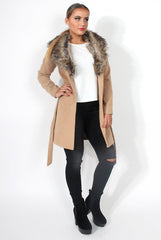 Idella Camel Faux Fur Tie Jacket-Jackets