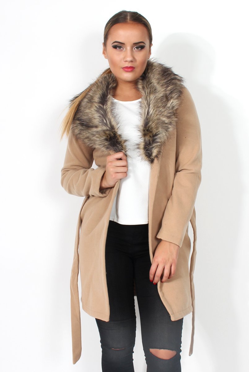 Idella Camel Faux Fur Tie Jacket-Jackets