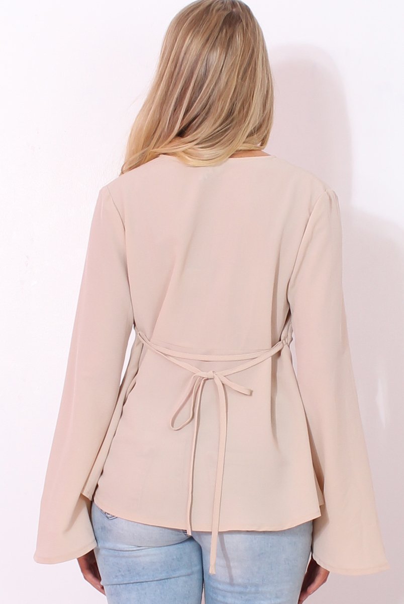 Ilona Nude V Front Bell Sleeve Top-Tops