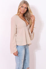Ilona Nude V Front Bell Sleeve Top-Tops