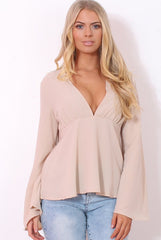 Ilona Nude V Front Bell Sleeve Top-Tops