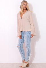 Ilona Nude V Front Bell Sleeve Top-Tops