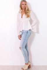 Ilona White V Front Bell Sleeve Top-Tops
