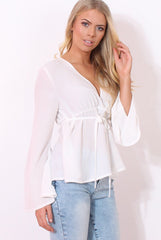 Ilona White V Front Bell Sleeve Top-Tops