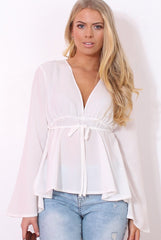 Ilona White V Front Bell Sleeve Top-Tops