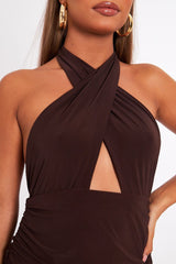 Brown Slinky Ruched Halter Neck Mini Dress - Raylinn