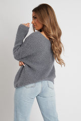 Grey Scoop Neck Fluffy Jumper - Ameliah