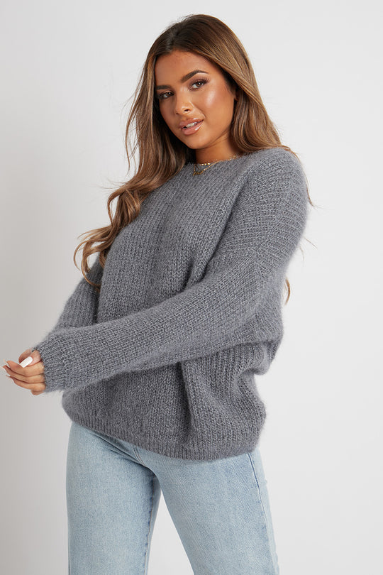 Grey Scoop Neck Fluffy Jumper - Ameliah