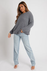 Grey Scoop Neck Fluffy Jumper - Ameliah