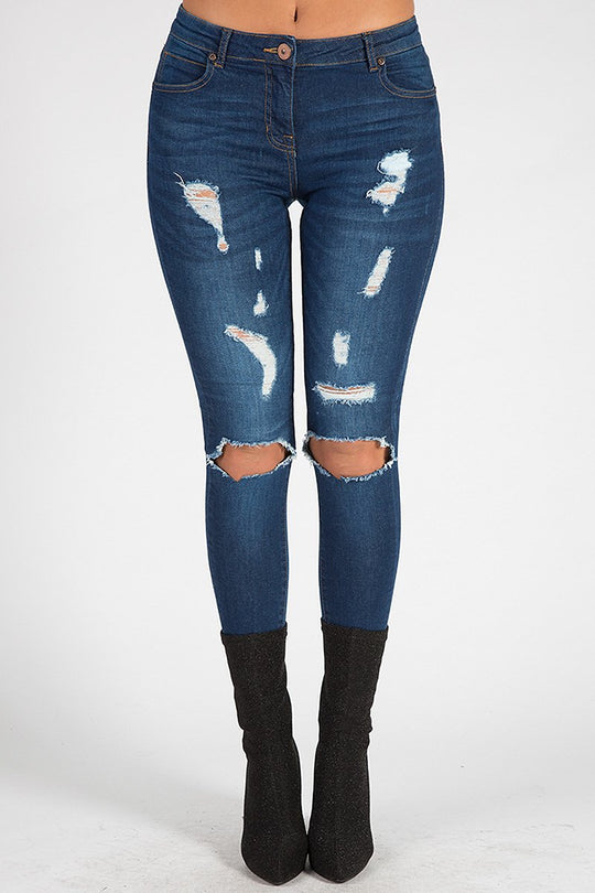 Indigo Distressed High Waisted Skinny Jeans - Erin