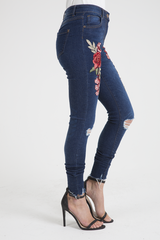 Indigo Embroidered Distressed Raw Hem Skinny Jeans - Dolly-Jeans