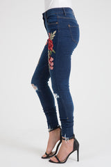 Indigo Embroidered Distressed Raw Hem Skinny Jeans - Dolly-Jeans