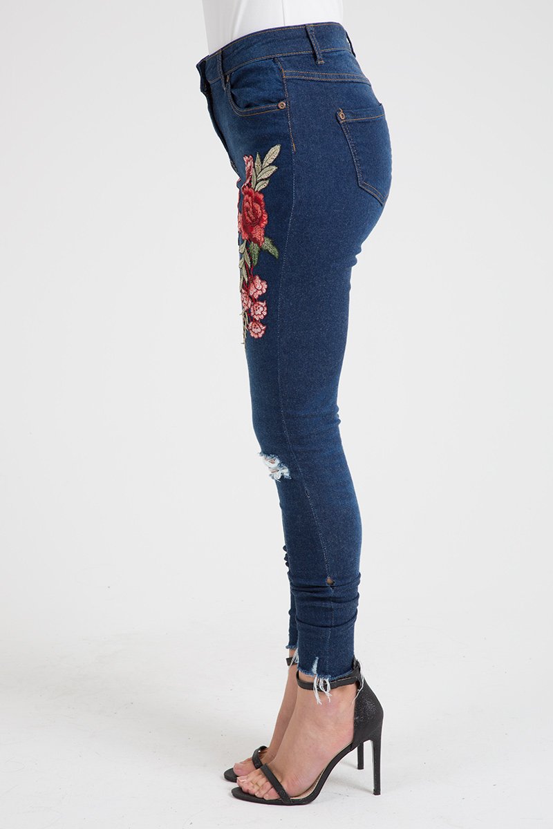 Indigo Embroidered Distressed Raw Hem Skinny Jeans - Dolly-Jeans