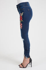 Indigo Embroidered Distressed Raw Hem Skinny Jeans - Dolly-Jeans
