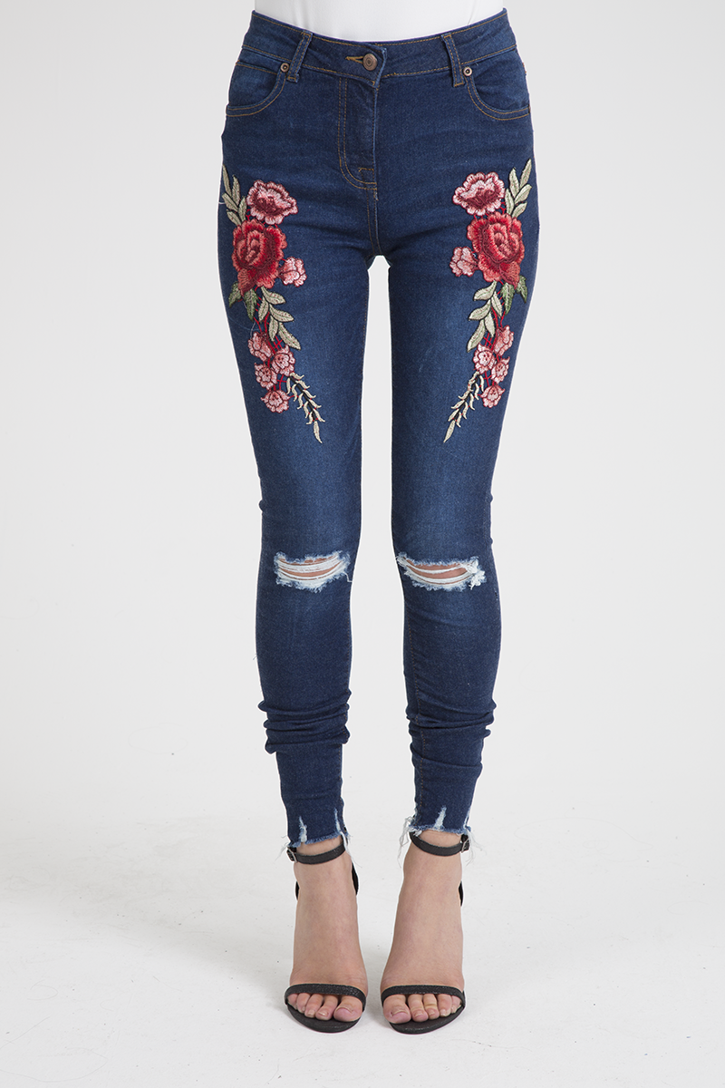 Indigo Embroidered Distressed Raw Hem Skinny Jeans - Dolly-Jeans