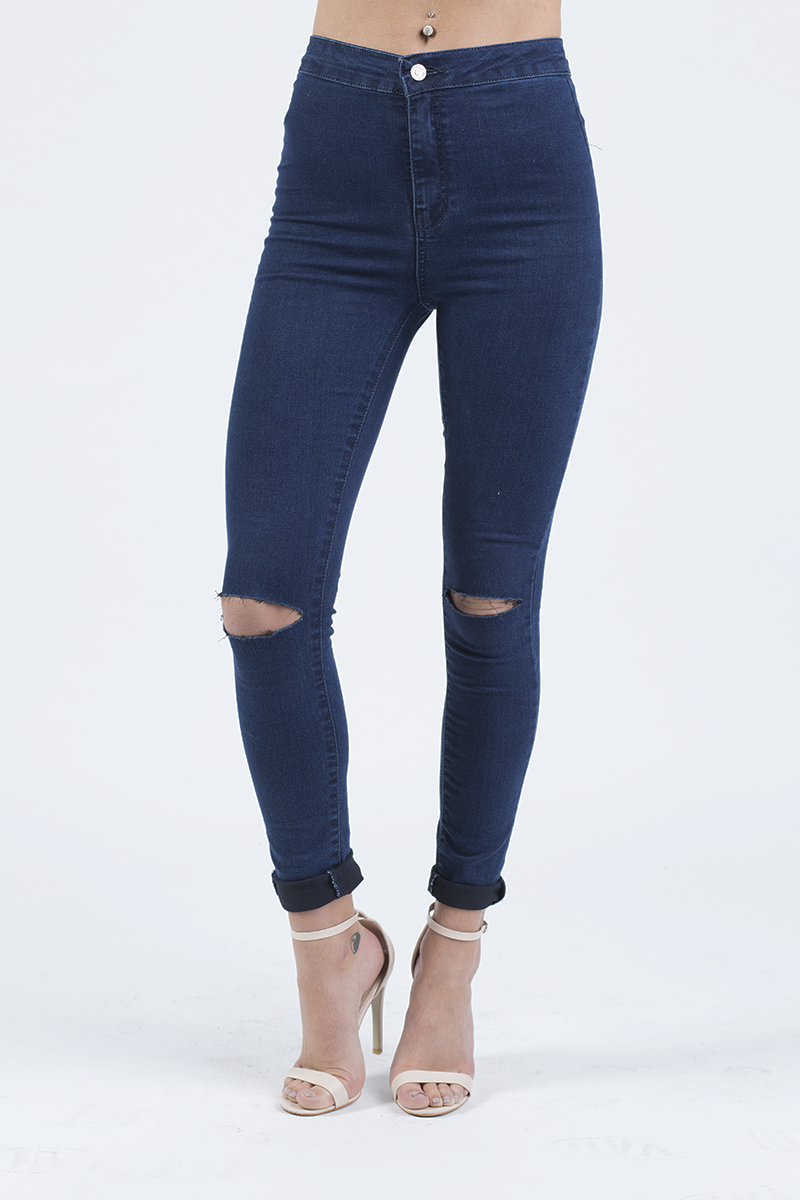 Indigo High Waisted Ripped Knee Skinny Jeans Amara Rebellious Fashion