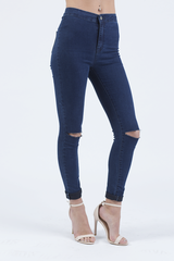 Indigo High Waisted Ripped Knee Skinny Jeans - Amara-Jeans