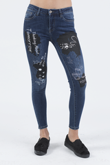 Indigo Mid Rise Slogan Studded Jeans - Kayleigh-Jeans