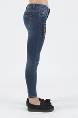 Indigo Mid Rise Slogan Studded Jeans - Kayleigh-Jeans