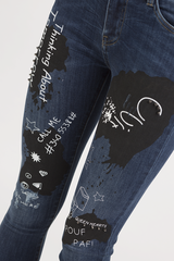 Indigo Mid Rise Slogan Studded Jeans - Kayleigh-Jeans