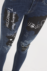 Indigo Mid Rise Slogan Studded Jeans - Kayleigh-Jeans