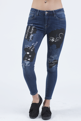 Indigo Mid Rise Slogan Studded Jeans - Kayleigh-Jeans