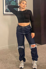 Indigo Mid Wash Denim Distressed Knee Extra Long Jeans - Ivelisse