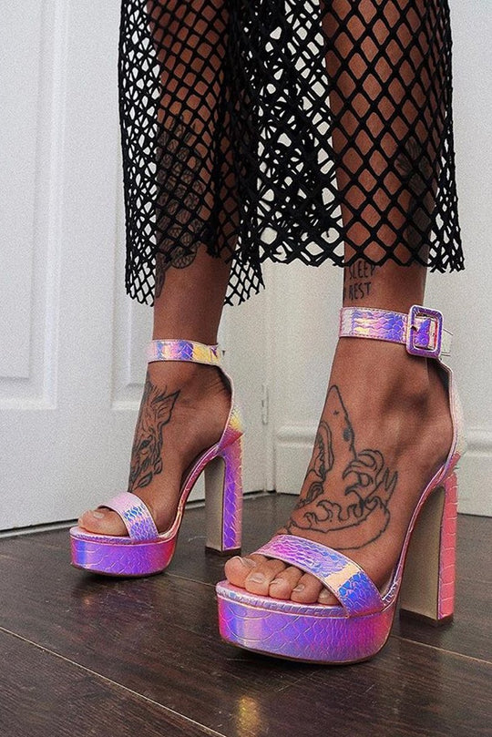 Iridescent Snake Platform Strappy Block Heel - Karley