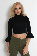 Iris Black Bell Sleeve Turtle Neck-Tops