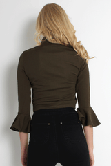 Iris Khaki Bell Sleeve Turtle Neck Top-Tops