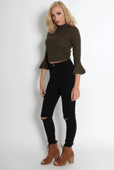 Iris Khaki Bell Sleeve Turtle Neck Top-Tops
