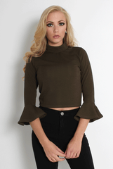 Iris Khaki Bell Sleeve Turtle Neck Top-Tops