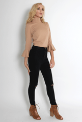 Iris Nude Bell Sleeve Turtle Neck Top-Tops