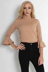 Iris Nude Bell Sleeve Turtle Neck Top-Tops