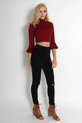 Iris Wine Bell Sleeve Turtle Neck Top-Tops