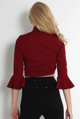 Iris Wine Bell Sleeve Turtle Neck Top-Tops