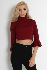 Iris Wine Bell Sleeve Turtle Neck Top-Tops