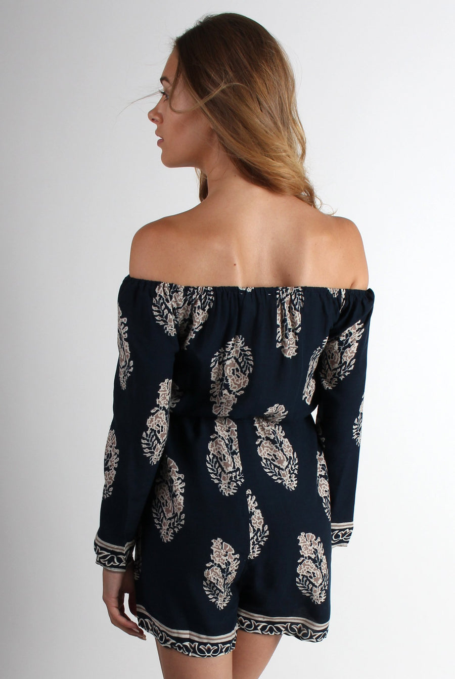 Isobel Off The Shoulder Navy Paisley Print Playsuit-Playsuits