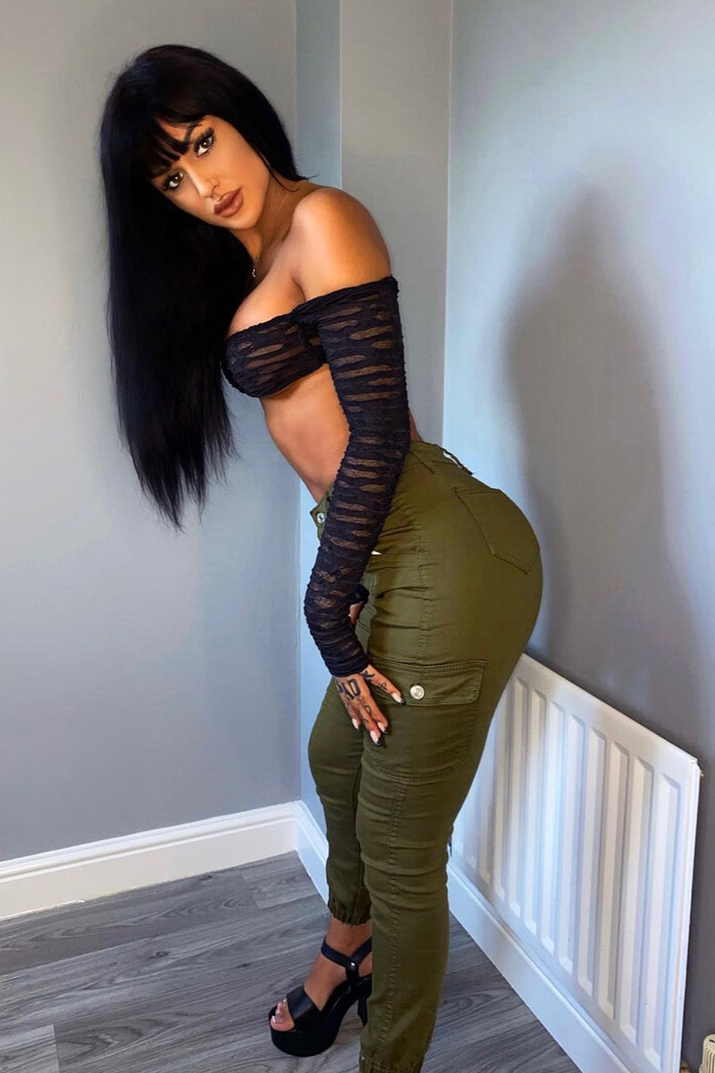 Khaki Chain Detail Stretch Cargo Trousers - Nellie