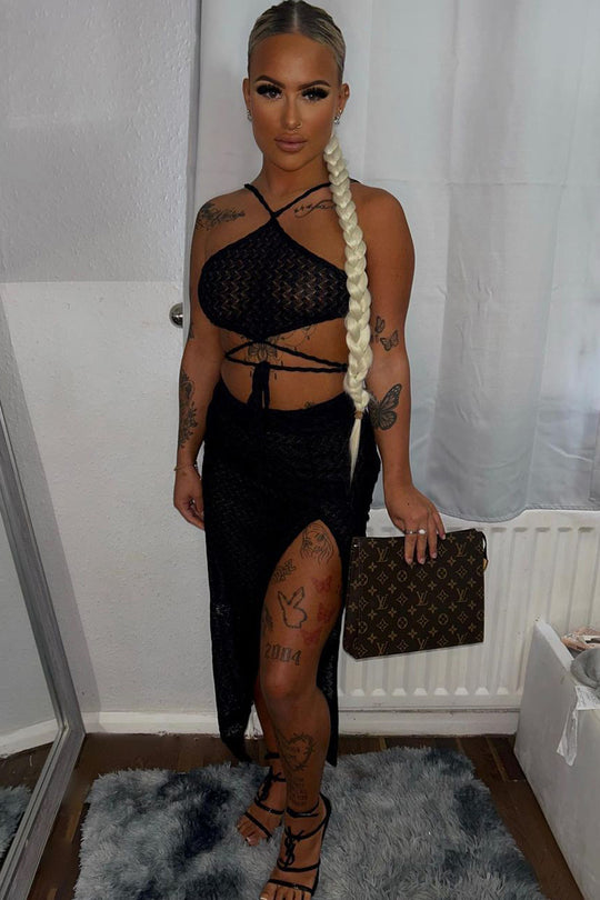 Black Lace Crop Top & Midi Skirt Set - Josephine