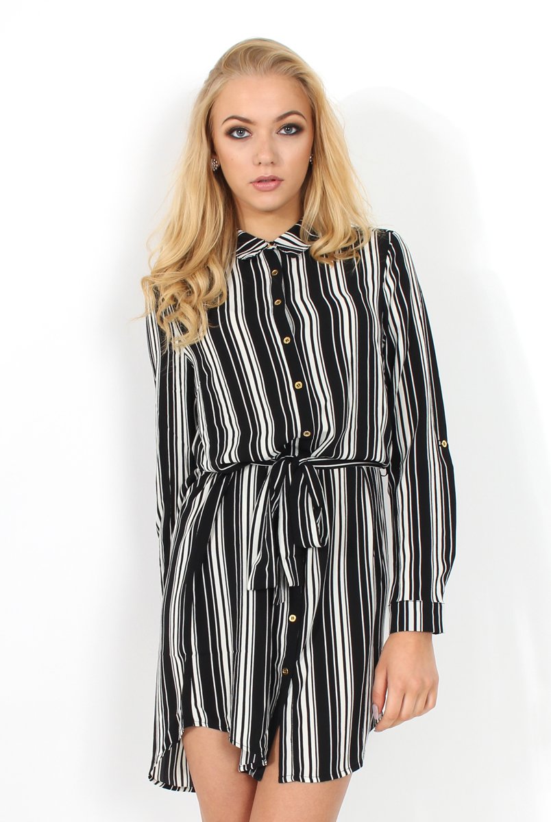 Jaime Black and White Striped Shirt Dress-Dresses
