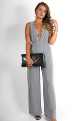 Jan Grey Deep V Jumpsuit-Jumpsuits