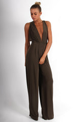 Jan Khaki Deep V Jumpsuit-Jumpsuits