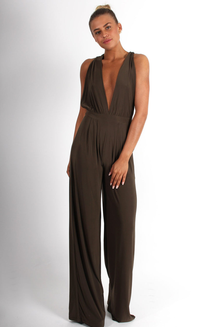 Jan Khaki Deep V Jumpsuit-Jumpsuits